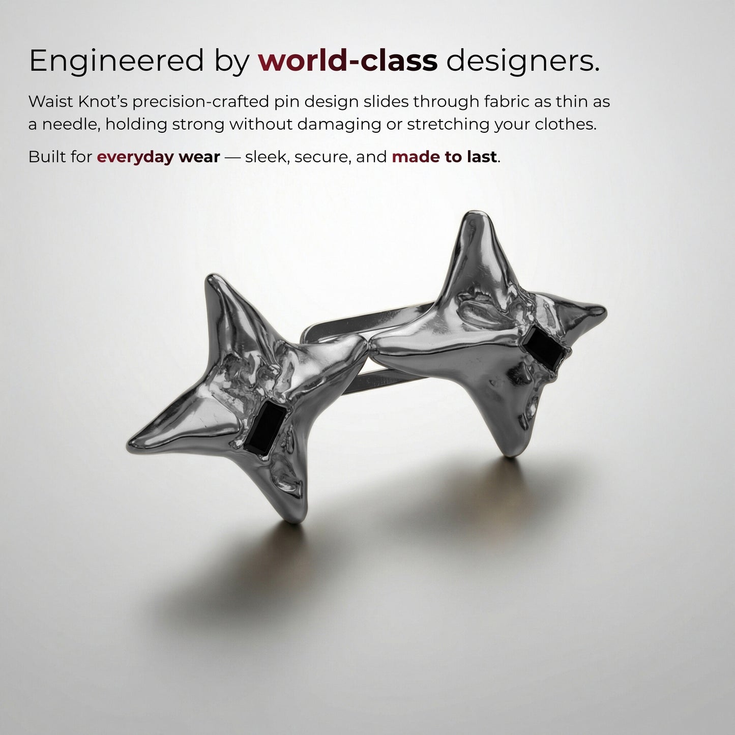 Star-shaped metal pin on a white background with text about world-class designers and product features.