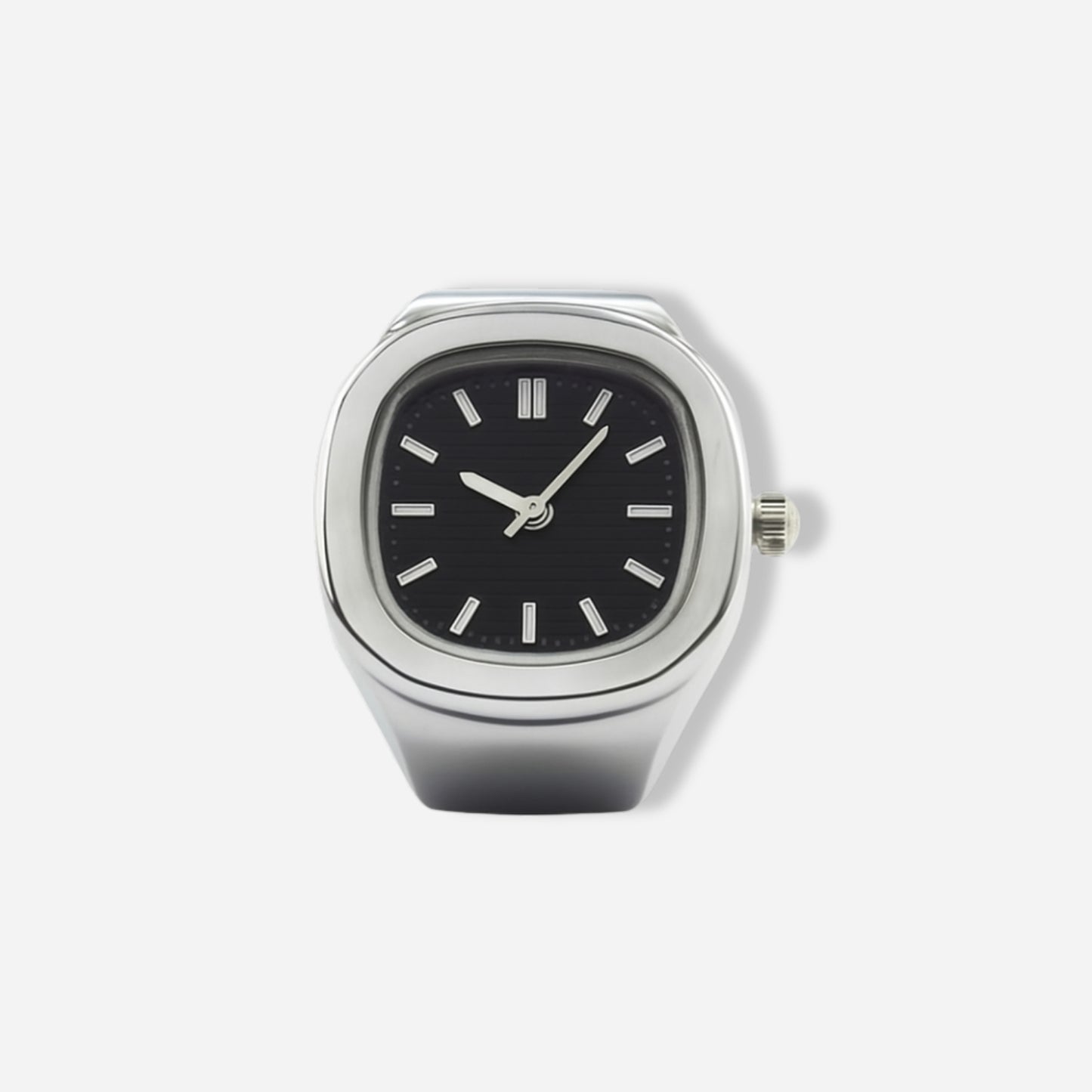 Silver ring watch with a black face on a white background