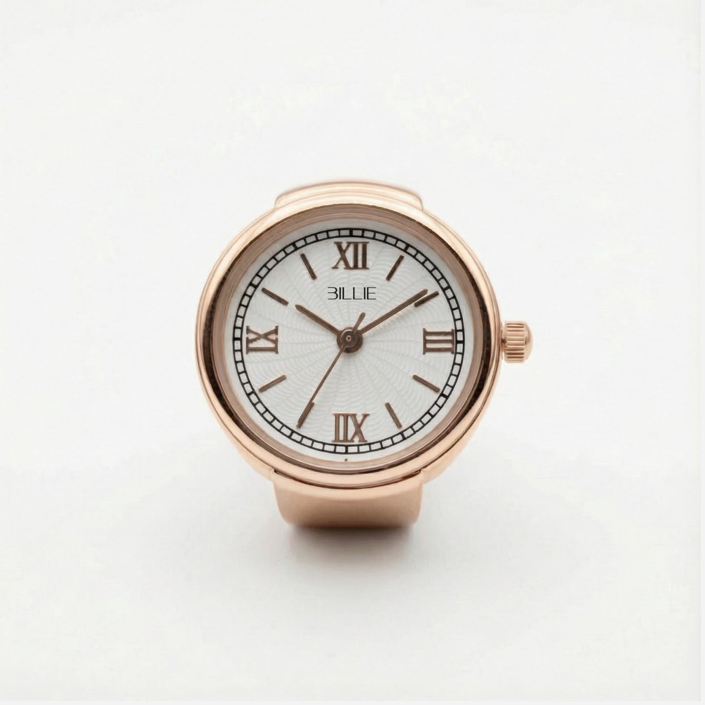 Rose gold watch with white face and Roman numerals on a light gray background