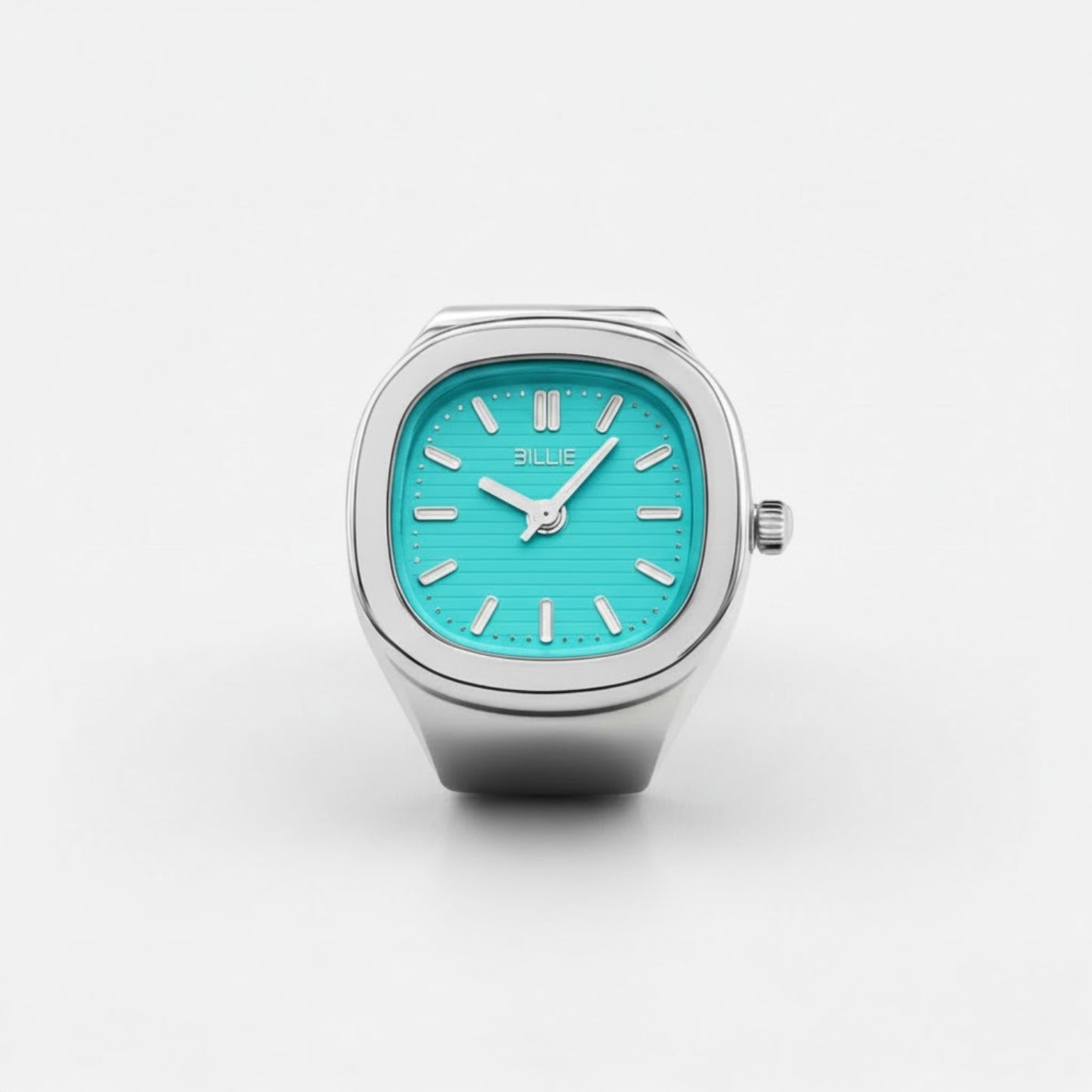 Wristwatch with turquoise face and silver case on a white background