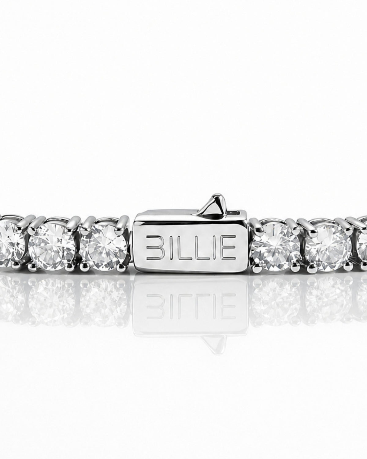 Detail of the silver Billie Tennis Chain 4mm clasp engraved with Billie, set with cubic zirconia stones