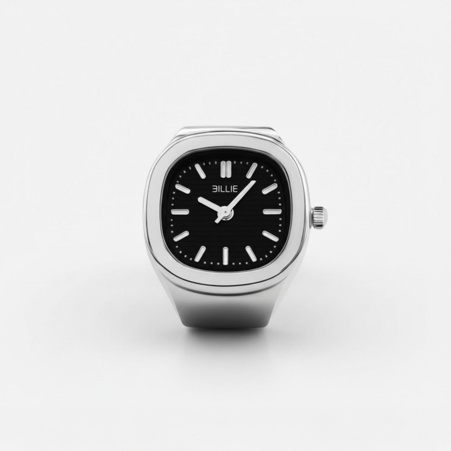 Silver watch with black face on a white background