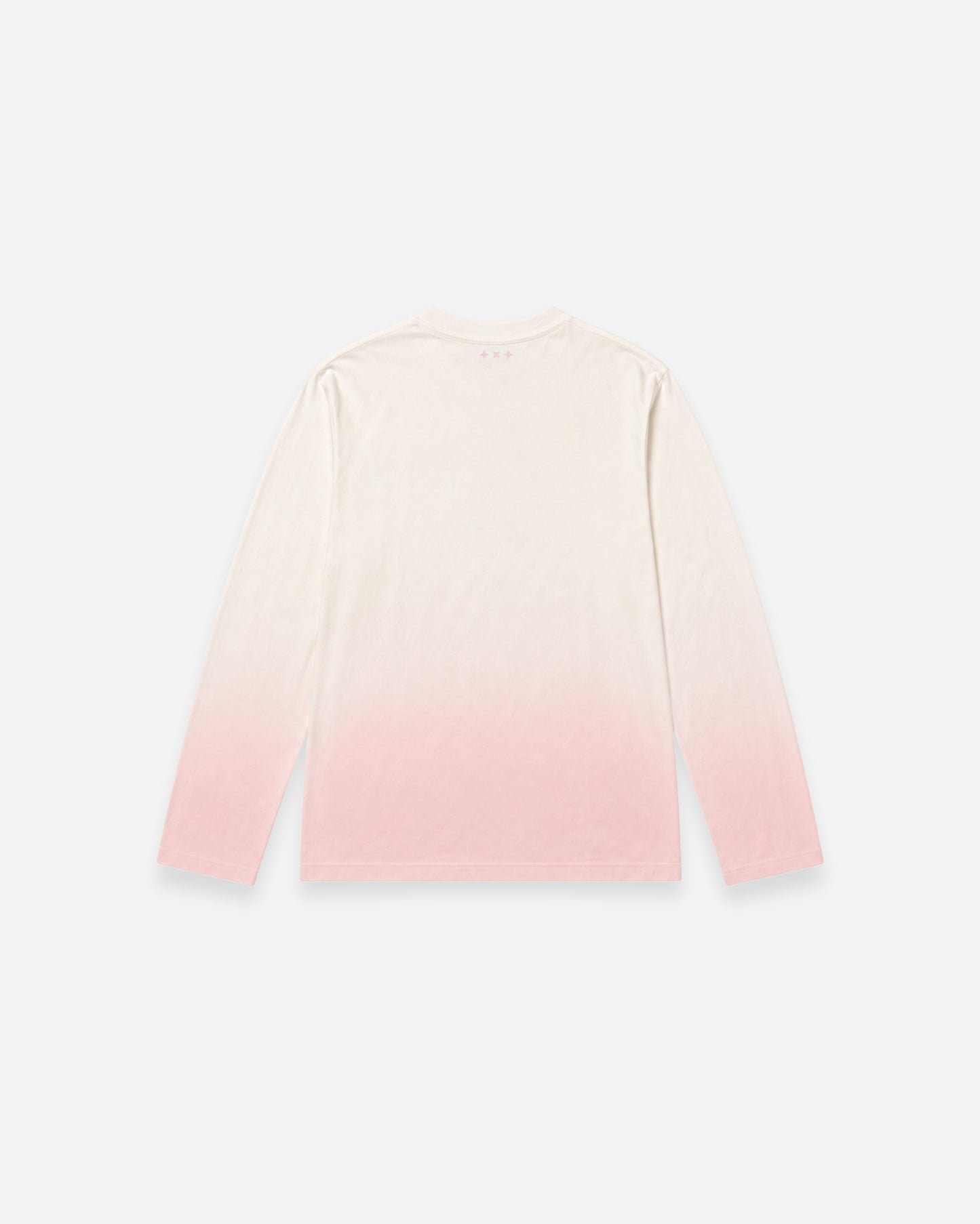 Back view of a long-sleeve shirt with a gradient from white to pink.