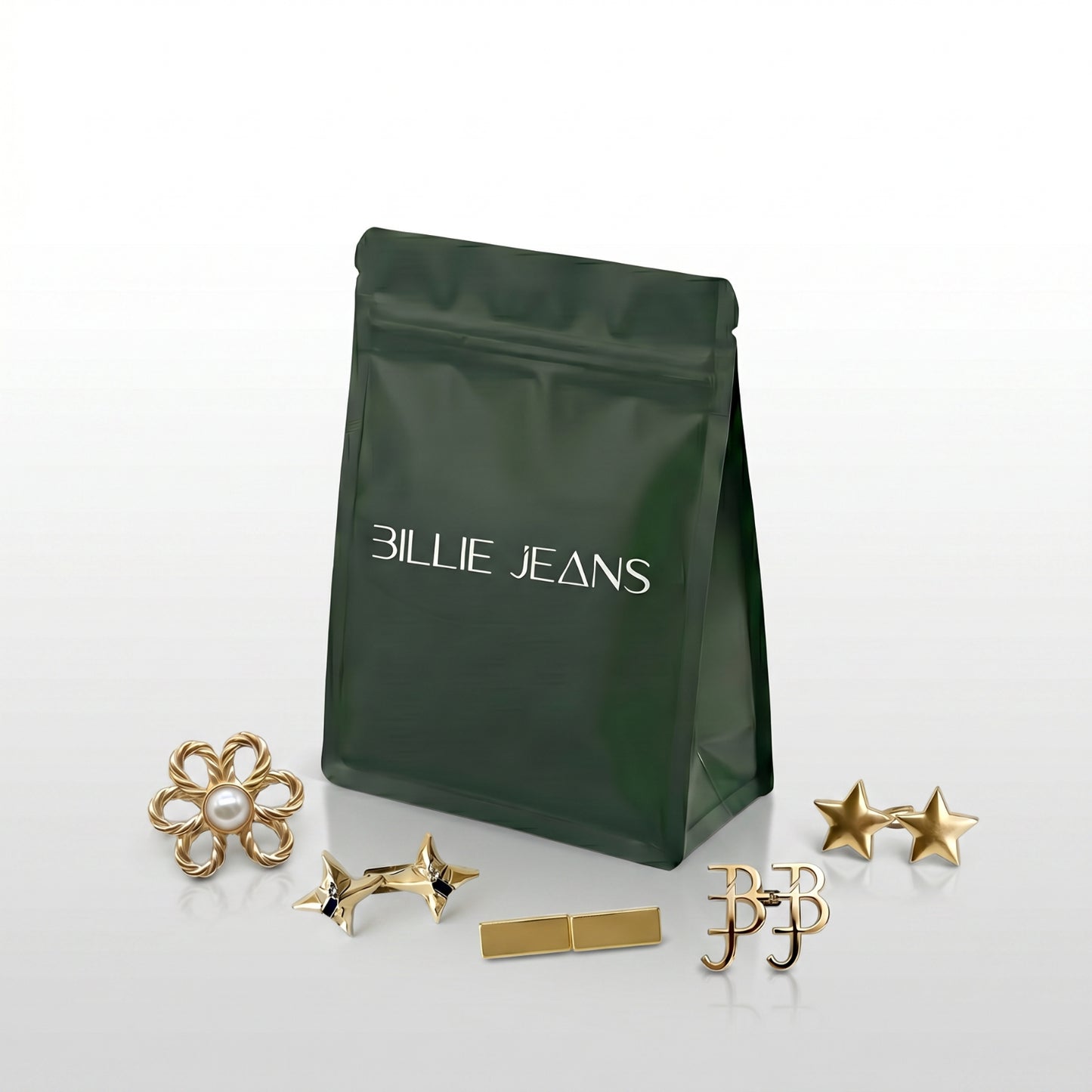 Billie Jeans dark green branded pouch with gold pin collection including flower pearl, star, bar and BJ monogram designs