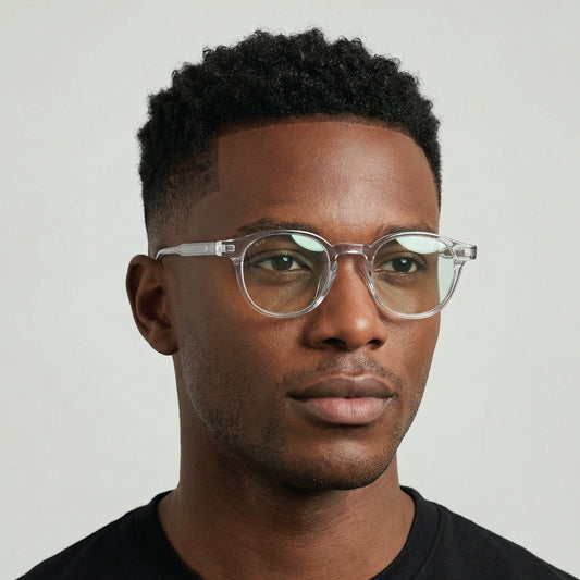 Man wearing clear glasses against a plain background