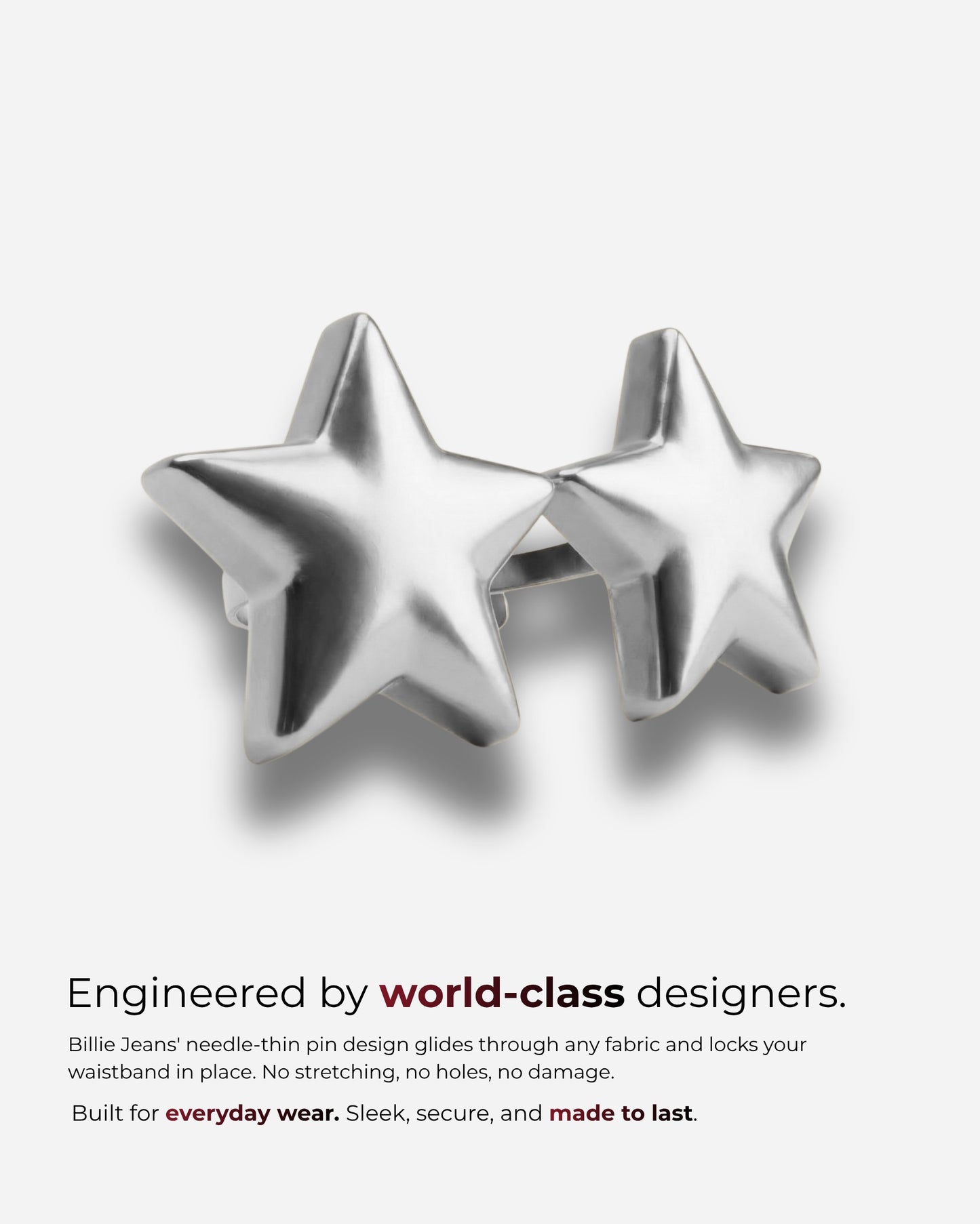 Two silver star-shaped accessories on a plain background.