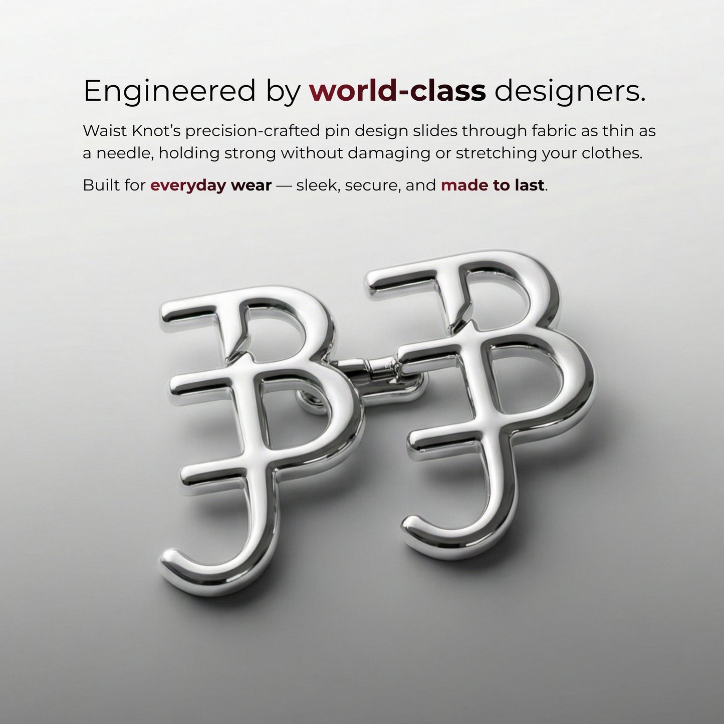 Silver waist knot on a gray background with text about world-class designers and product features.