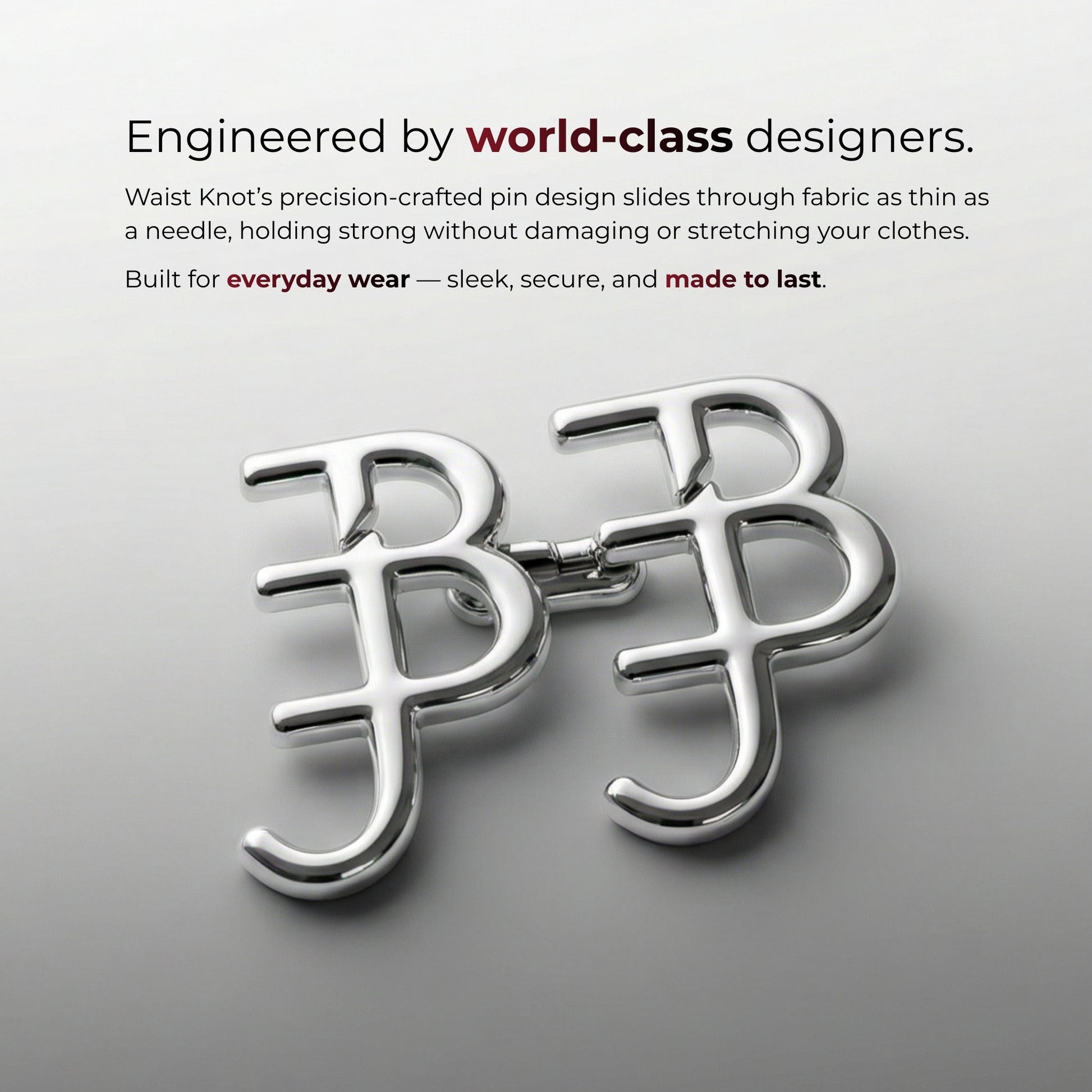 Silver waist knot on a gray background with text about world-class designers and product features.