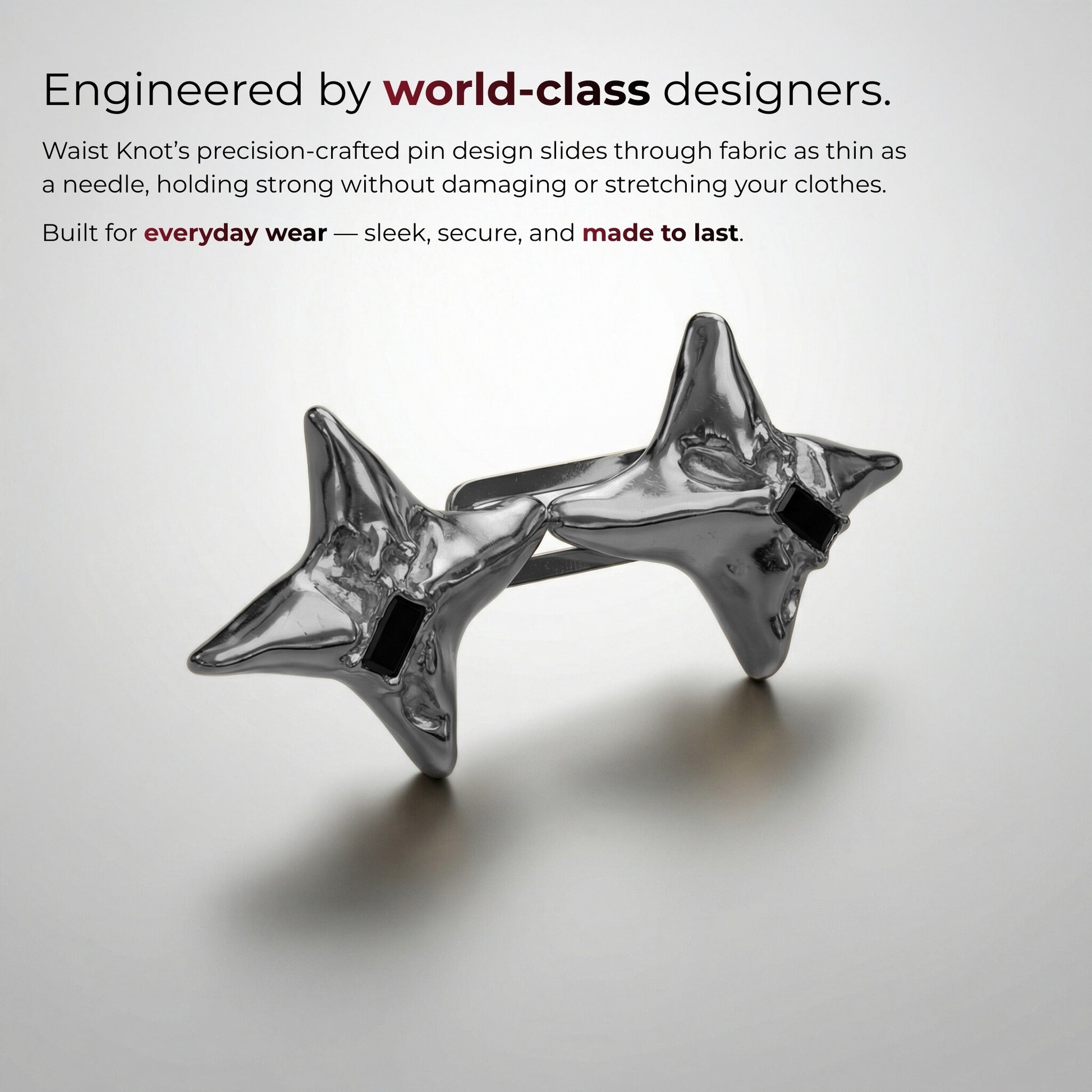 Star-shaped metal pin on a white background with text about world-class designers and product features.