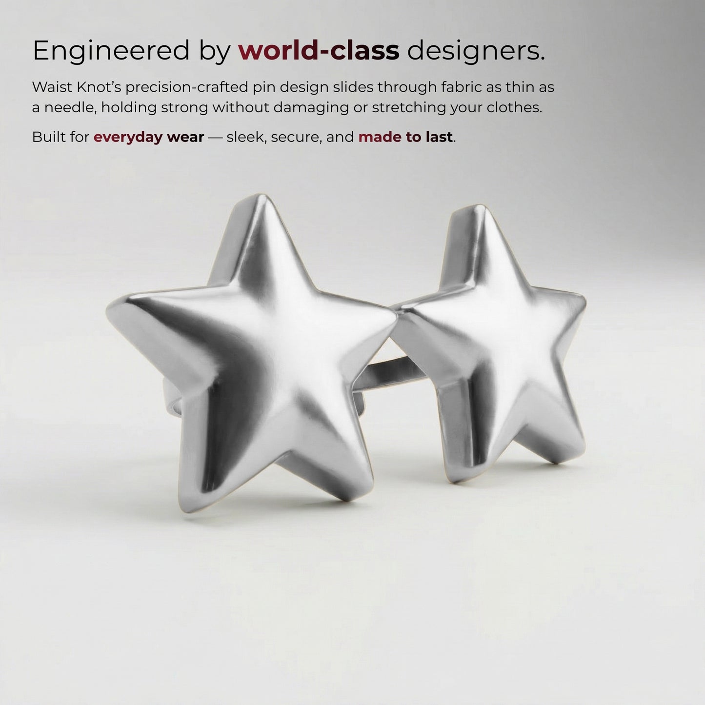 Star-shaped metal pins on a light gray background with promotional text.