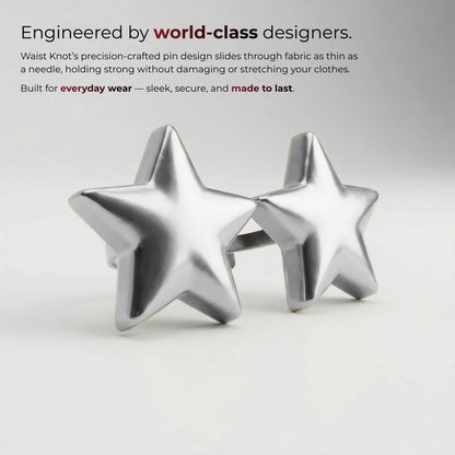 Star-shaped metal pins on a light gray background with promotional text.