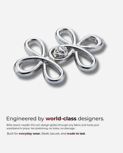 Two silver decorative pins with a loop design on a white background.