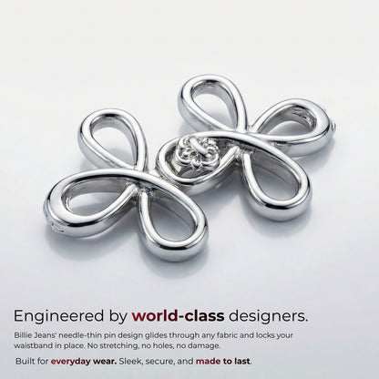 Billie Jeans chrome silver ornamental jeans pin with four looped petals and rosette center