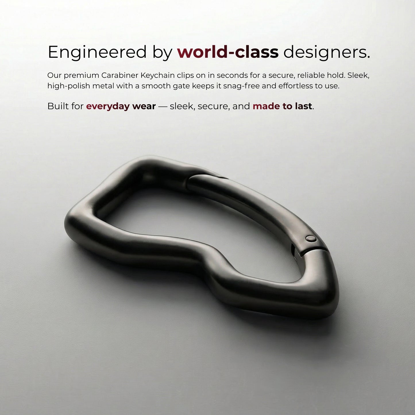 Metal carabiner keychain on a gray background with promotional text.