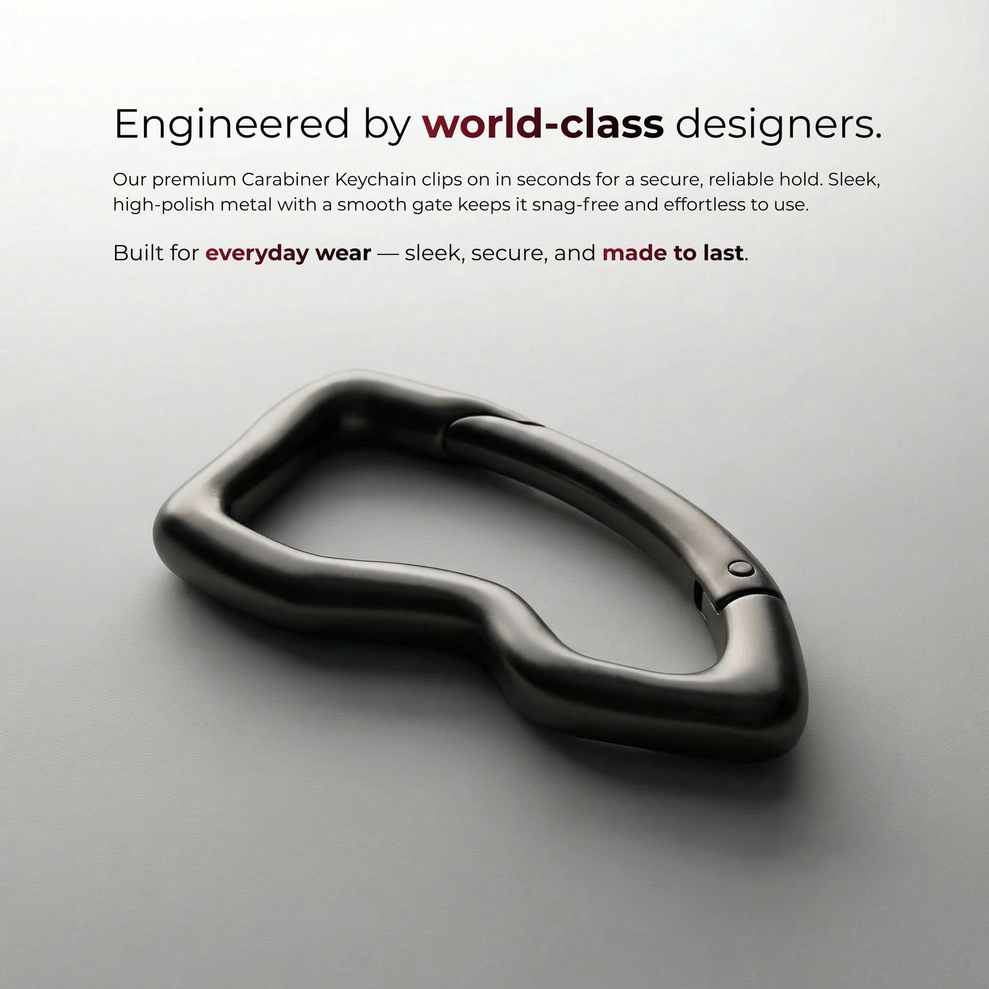 Metal carabiner keychain on a gray background with promotional text.