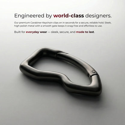 Metal carabiner keychain on a gray background with promotional text.