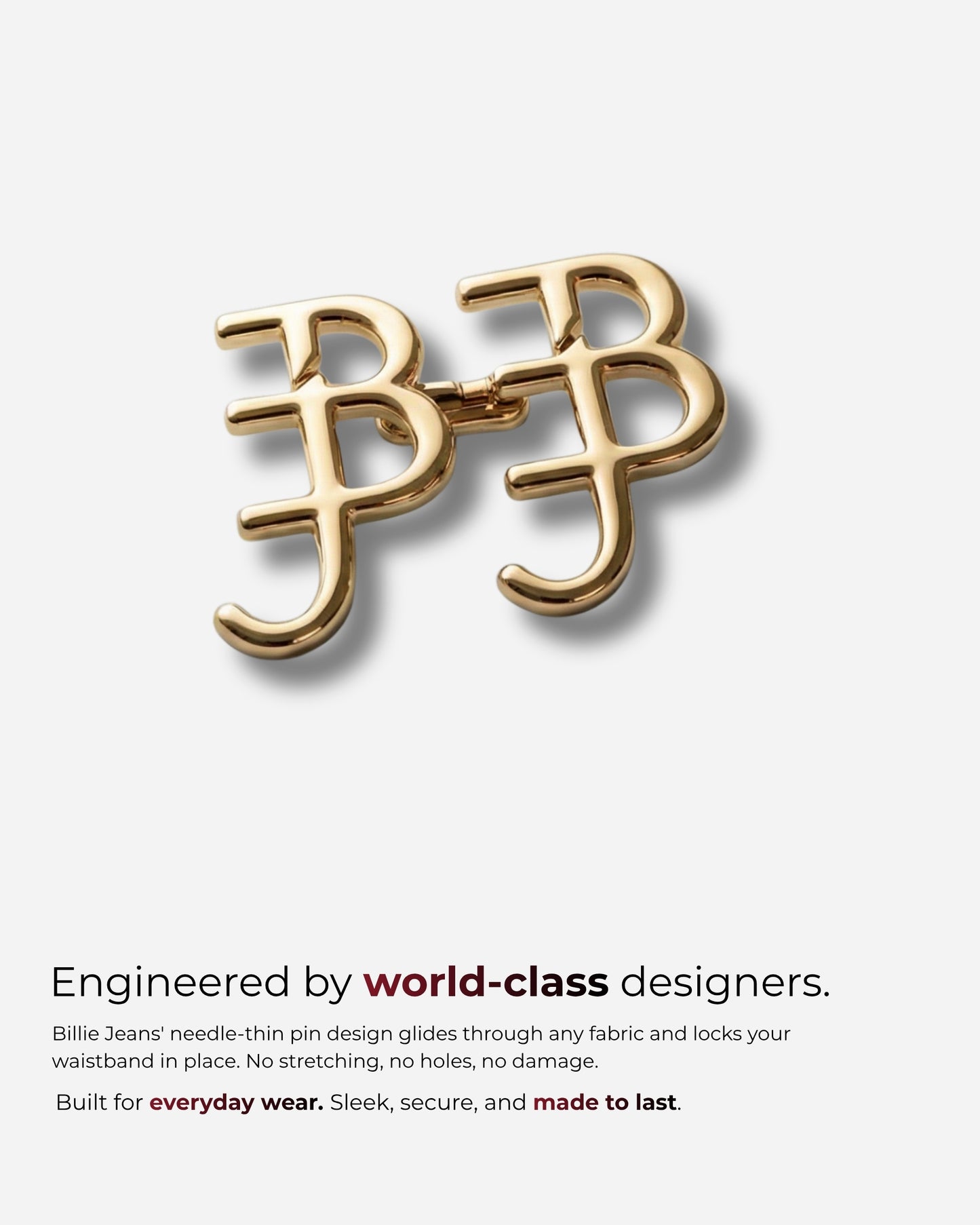 Gold pin design with interlocking letters B and J on a plain background.