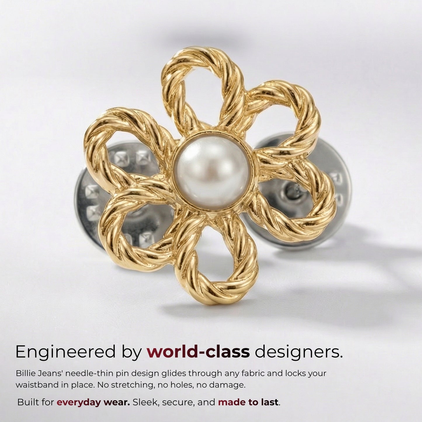 Billie Jeans gold rope-twist flower jeans pin with pearl center