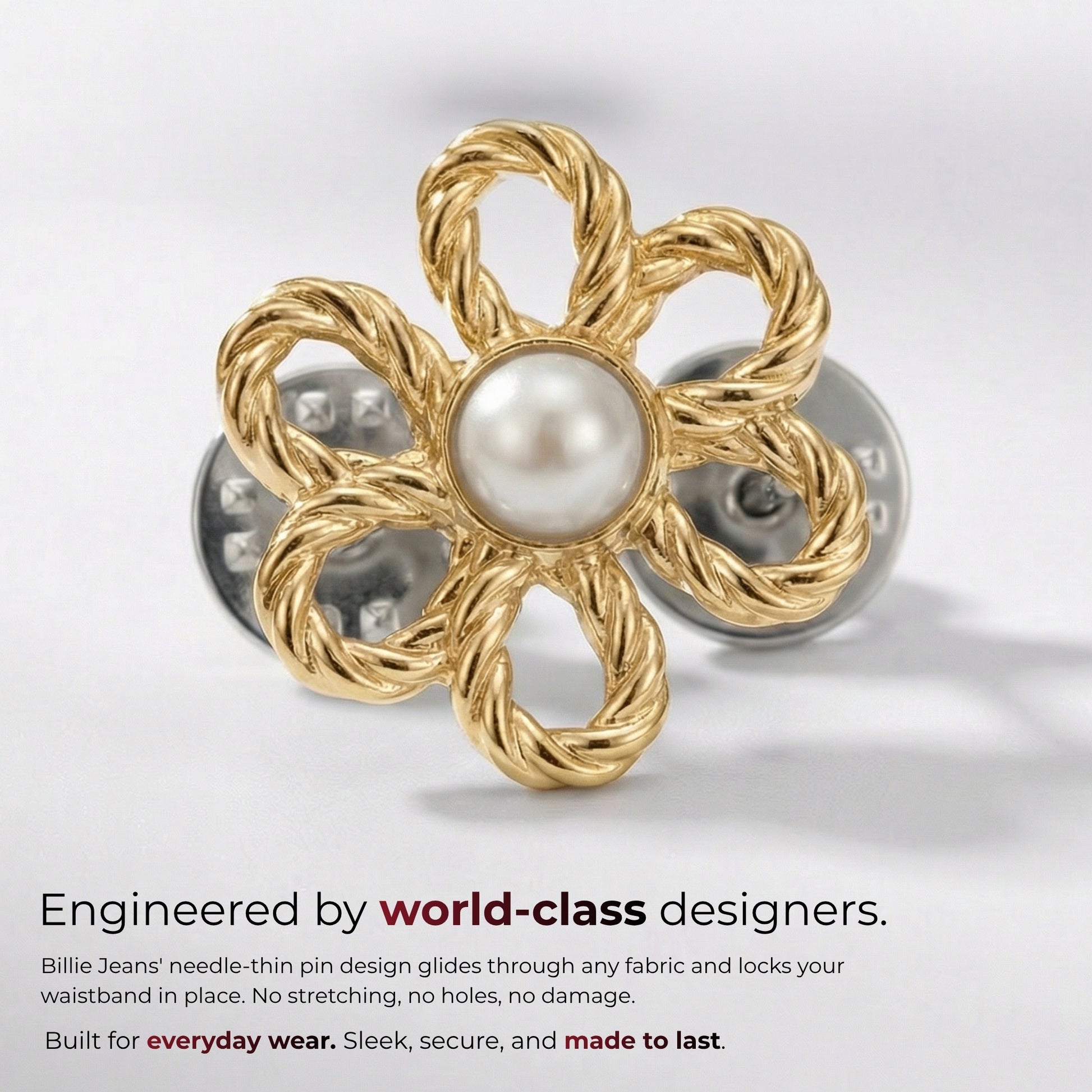 Billie Jeans gold rope-twist flower jeans pin with pearl center