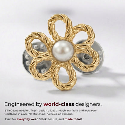 Billie Jeans gold rope-twist flower jeans pin with pearl center