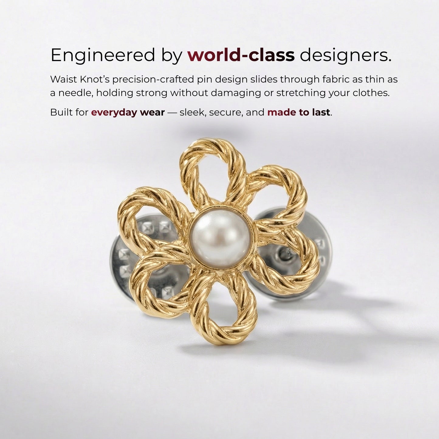 Gold and pearl earring with text about world-class design and everyday wear suitability on a light gray background