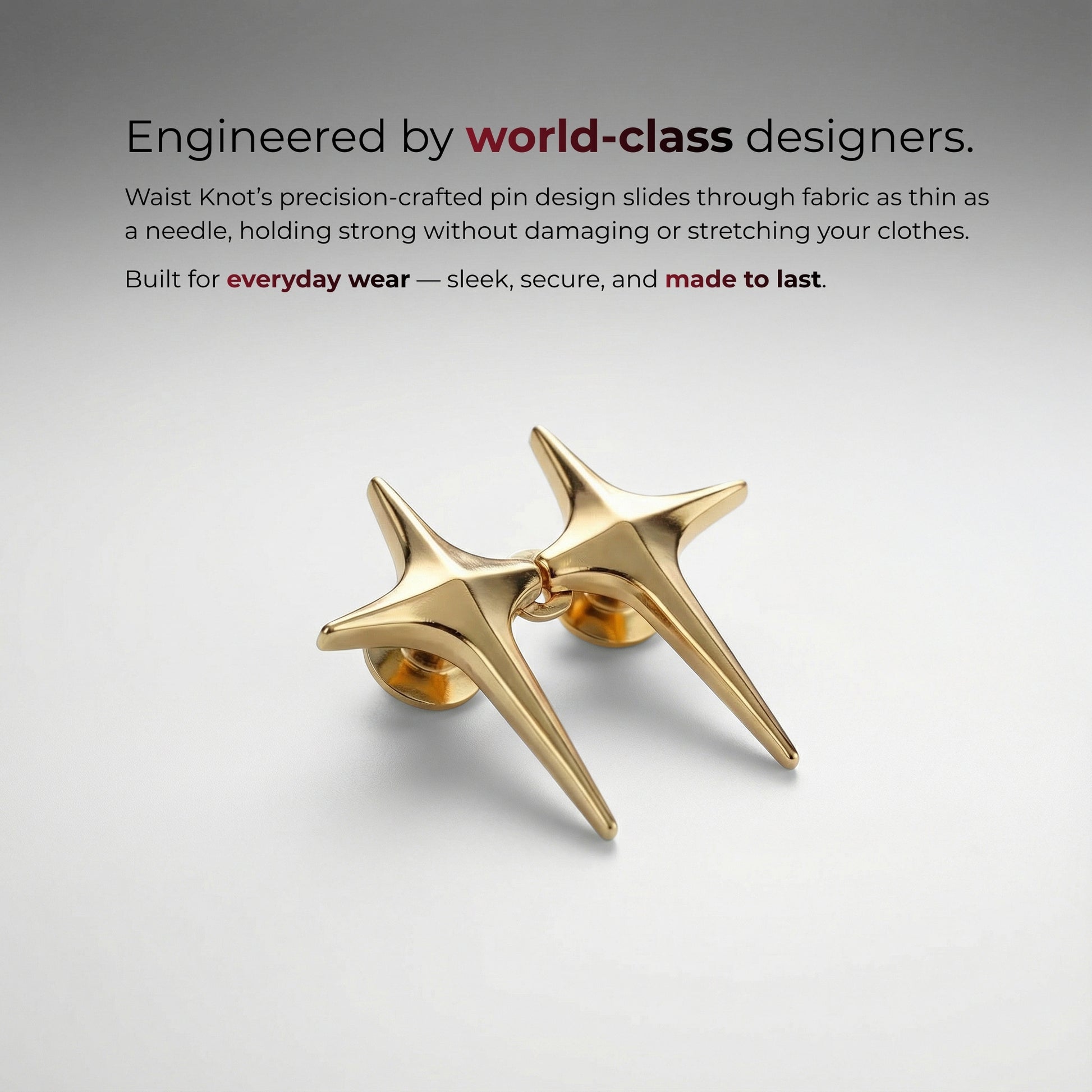 Gold star-shaped pins on a light gray background with text about world-class design.