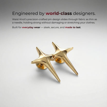 Gold star-shaped pins on a light gray background with text about world-class design.