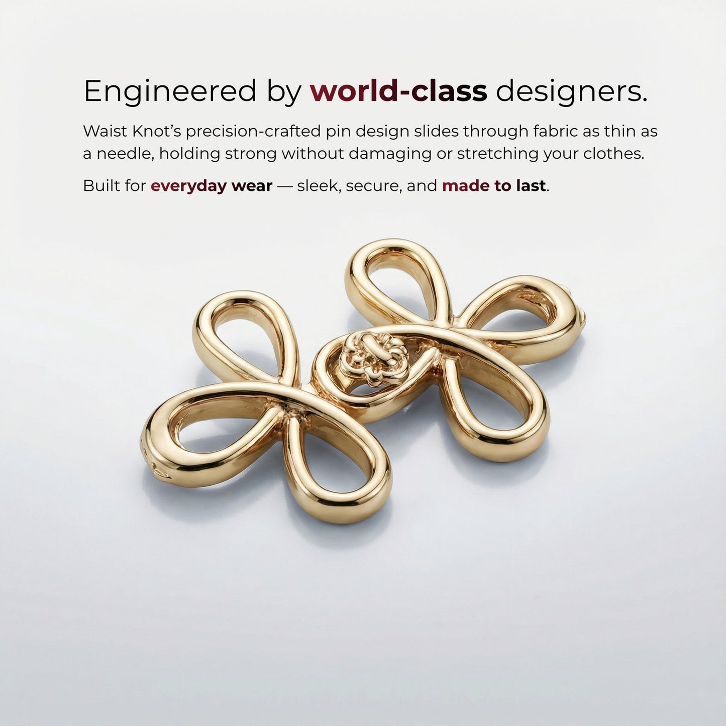 Gold waist knot pin on a light gray background with text about its design and features.