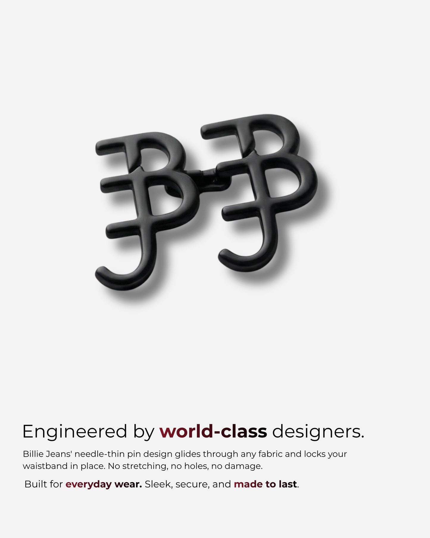 Black pin design with interlocking letters on a light background.