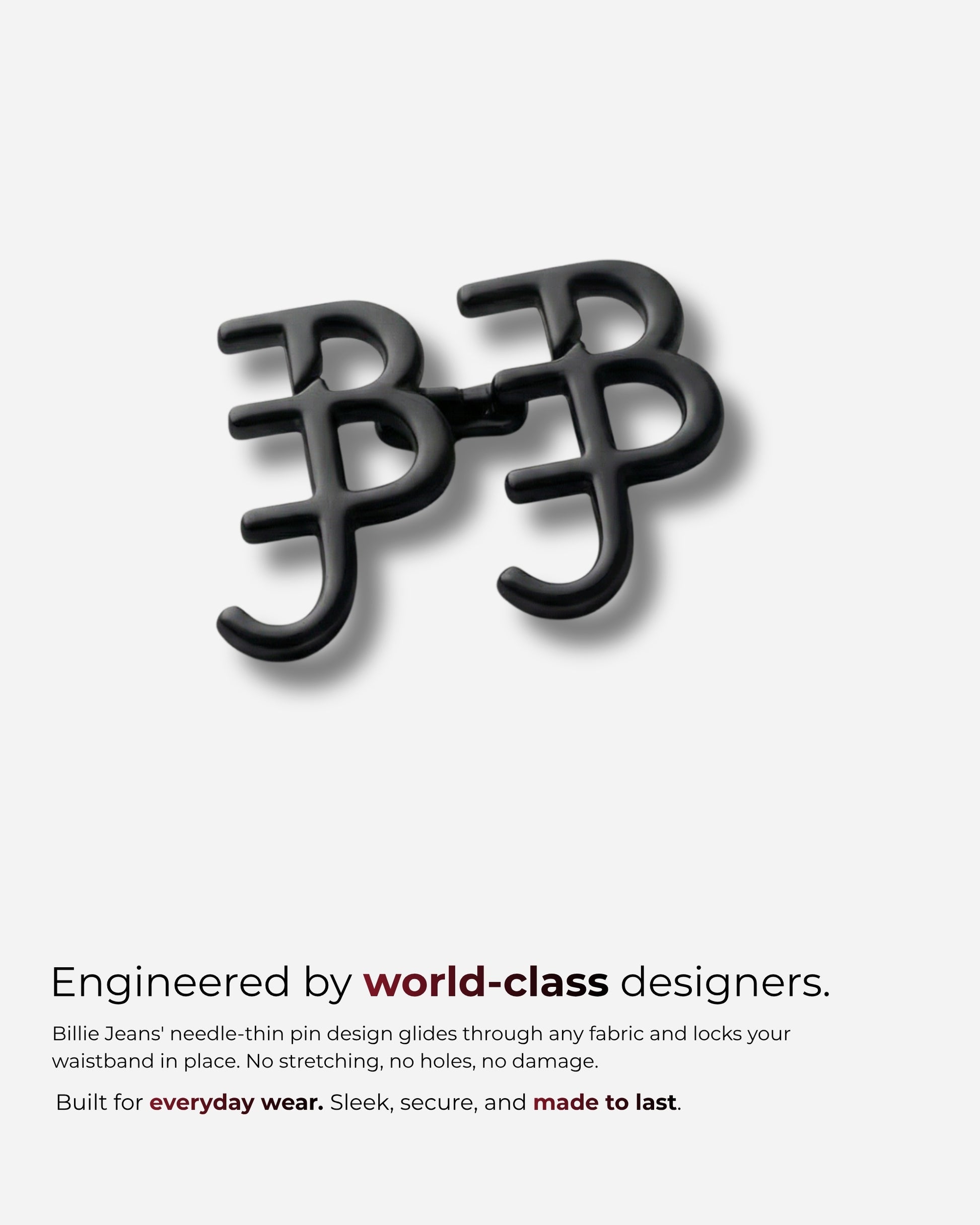 Black pin design with interlocking letters on a light background.