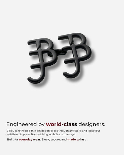 Black pin design with interlocking letters on a light background.