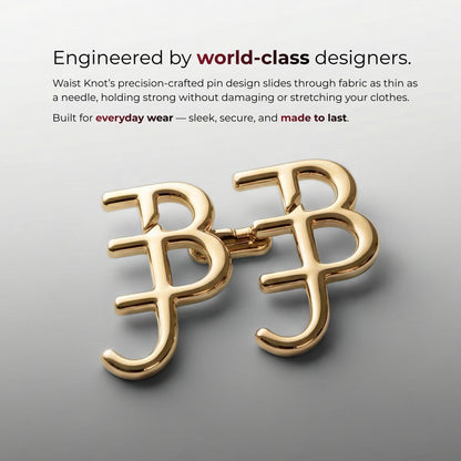 Gold waist knot on a gray background with text about world-class designers and product features.