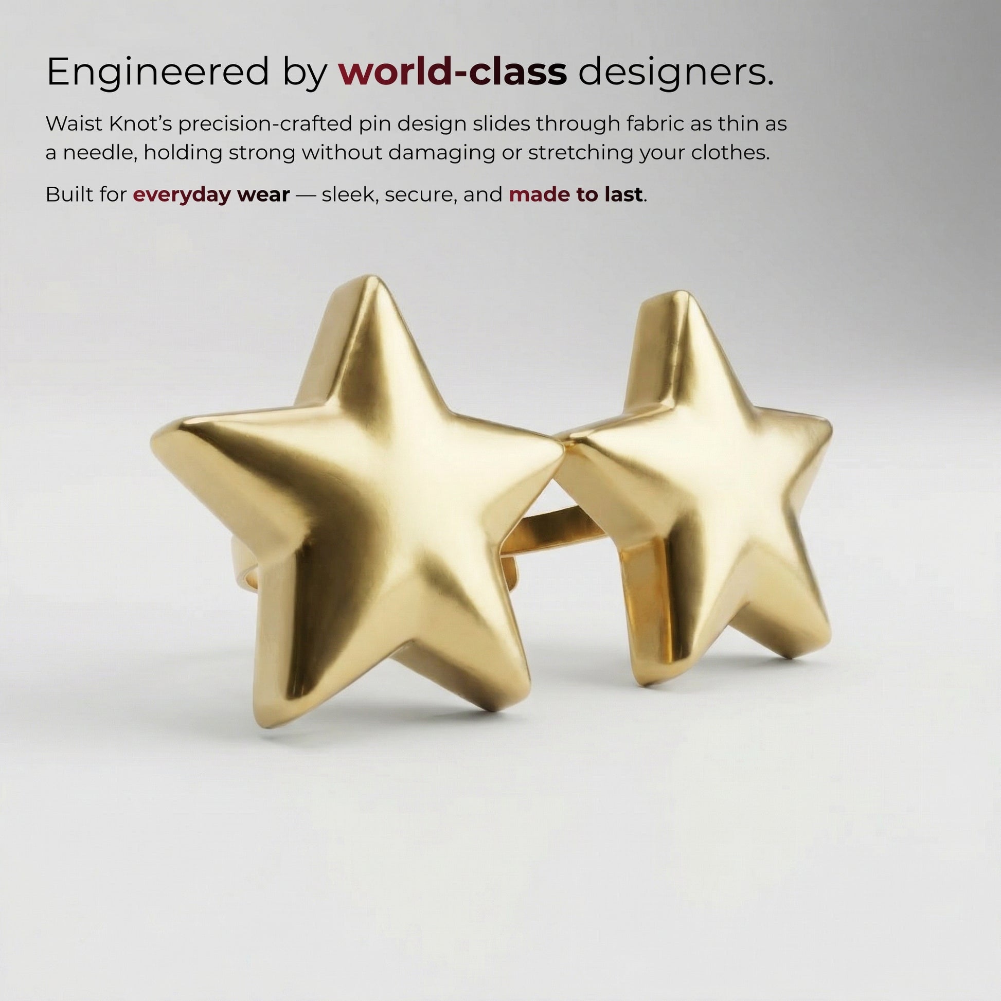 Gold star-shaped pins on a white background with text about world-class designers.