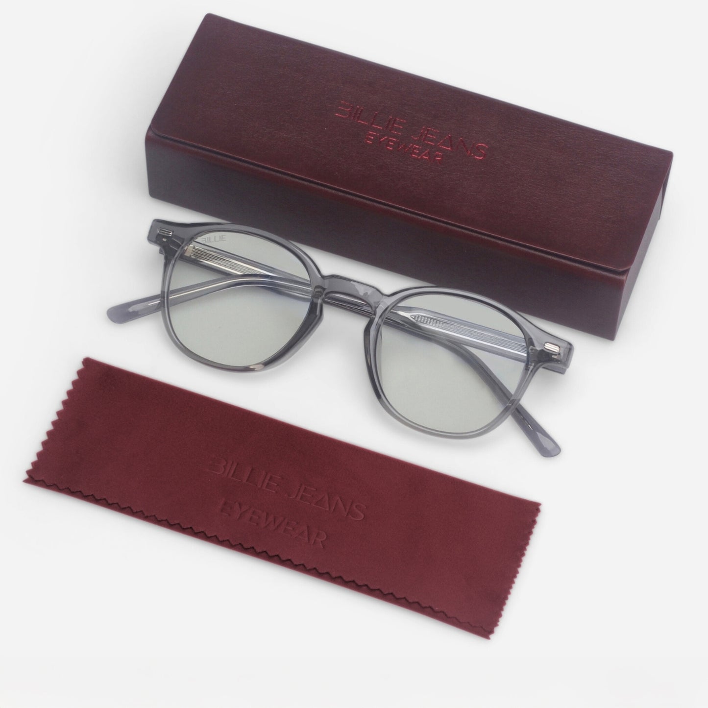 Round eyeglasses with a matching case on a white background