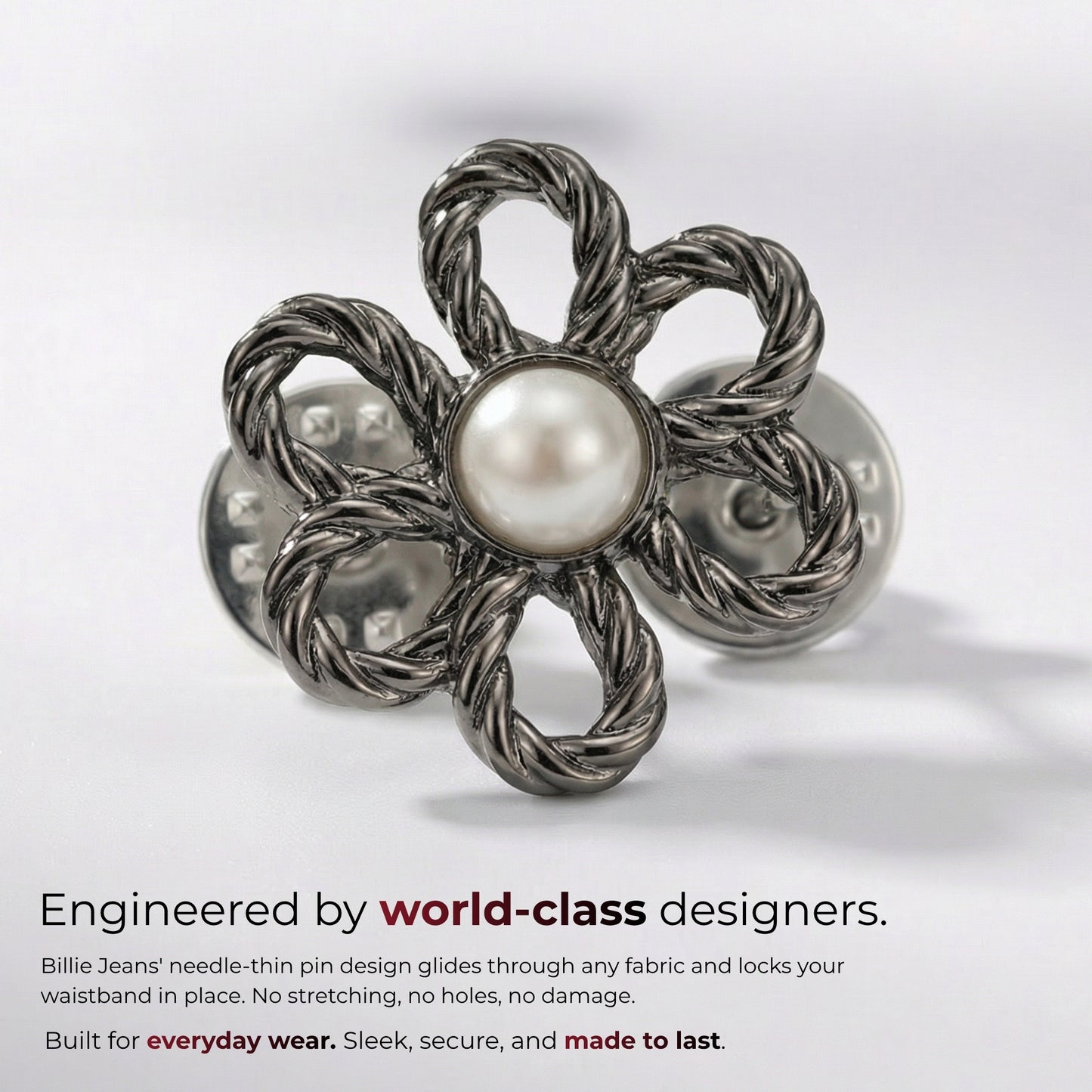 Billie Jeans gunmetal rope-twist flower jeans pin with pearl center