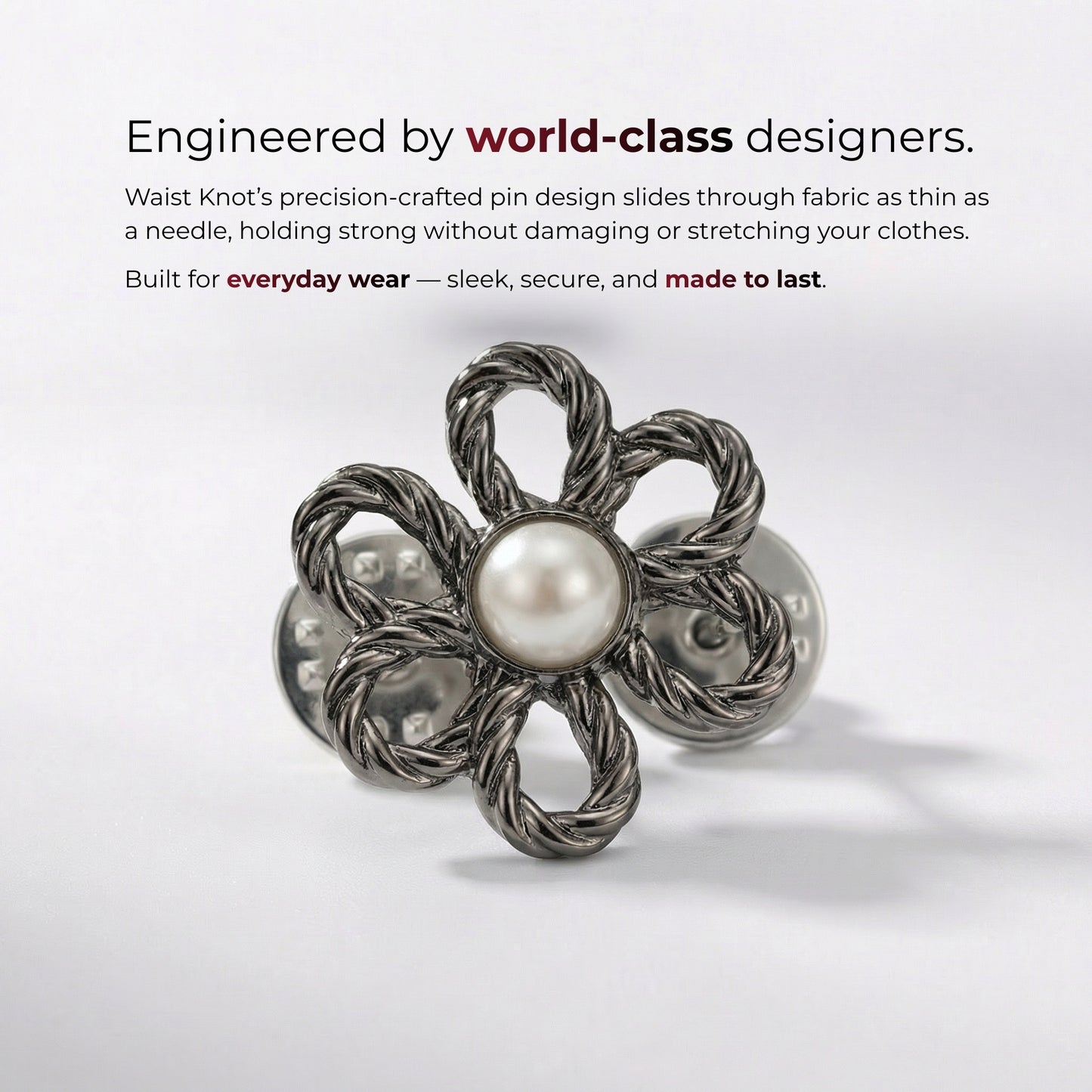 Floral brooch with pearl center on a white background, text about world-class designers and product features.