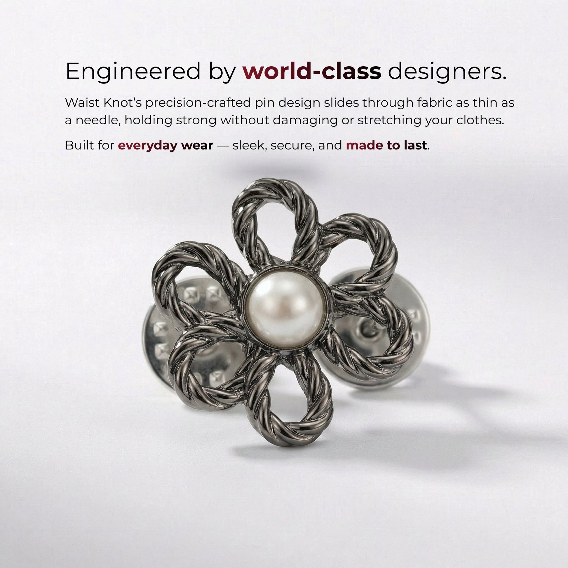 Floral brooch with pearl center on a white background, text about world-class designers and product features.