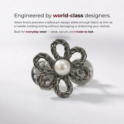 Floral brooch with pearl center on a white background, text about world-class designers and product features.