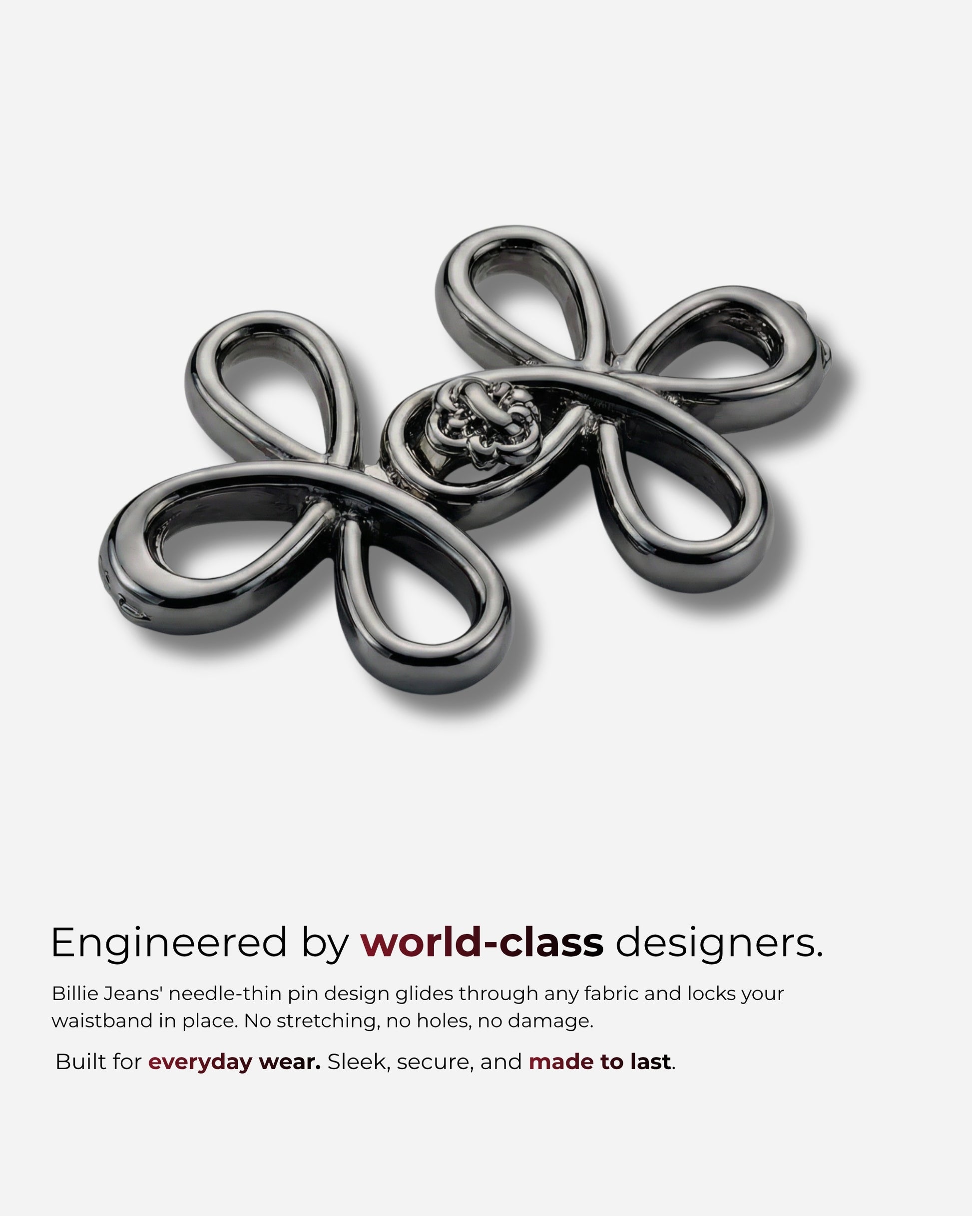 Two metallic pin designs with loops on a light background.