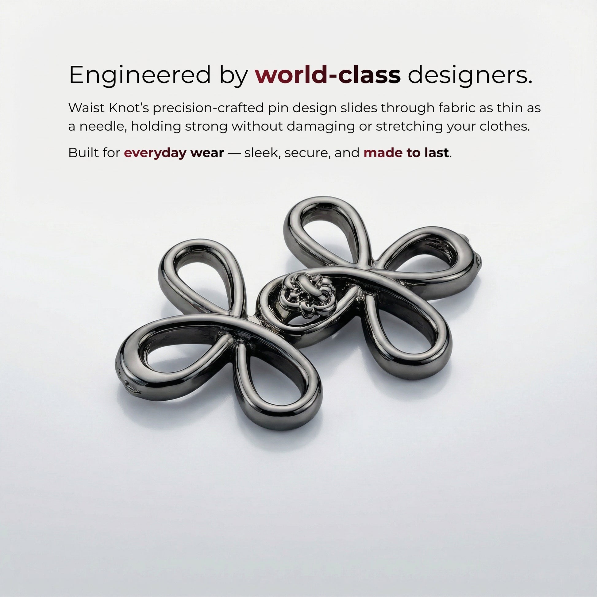 Silver brooch on a light gray background with text about world-class designers and everyday wear.