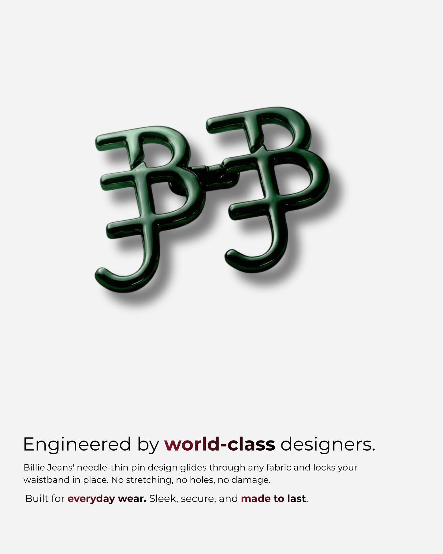 Green pin design with interlocking letters on a light background.
