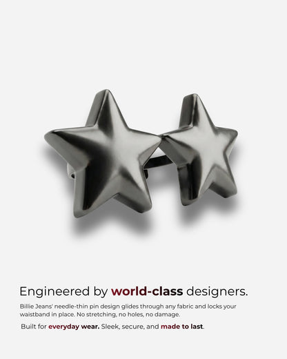 Two black star-shaped pins on a plain background.