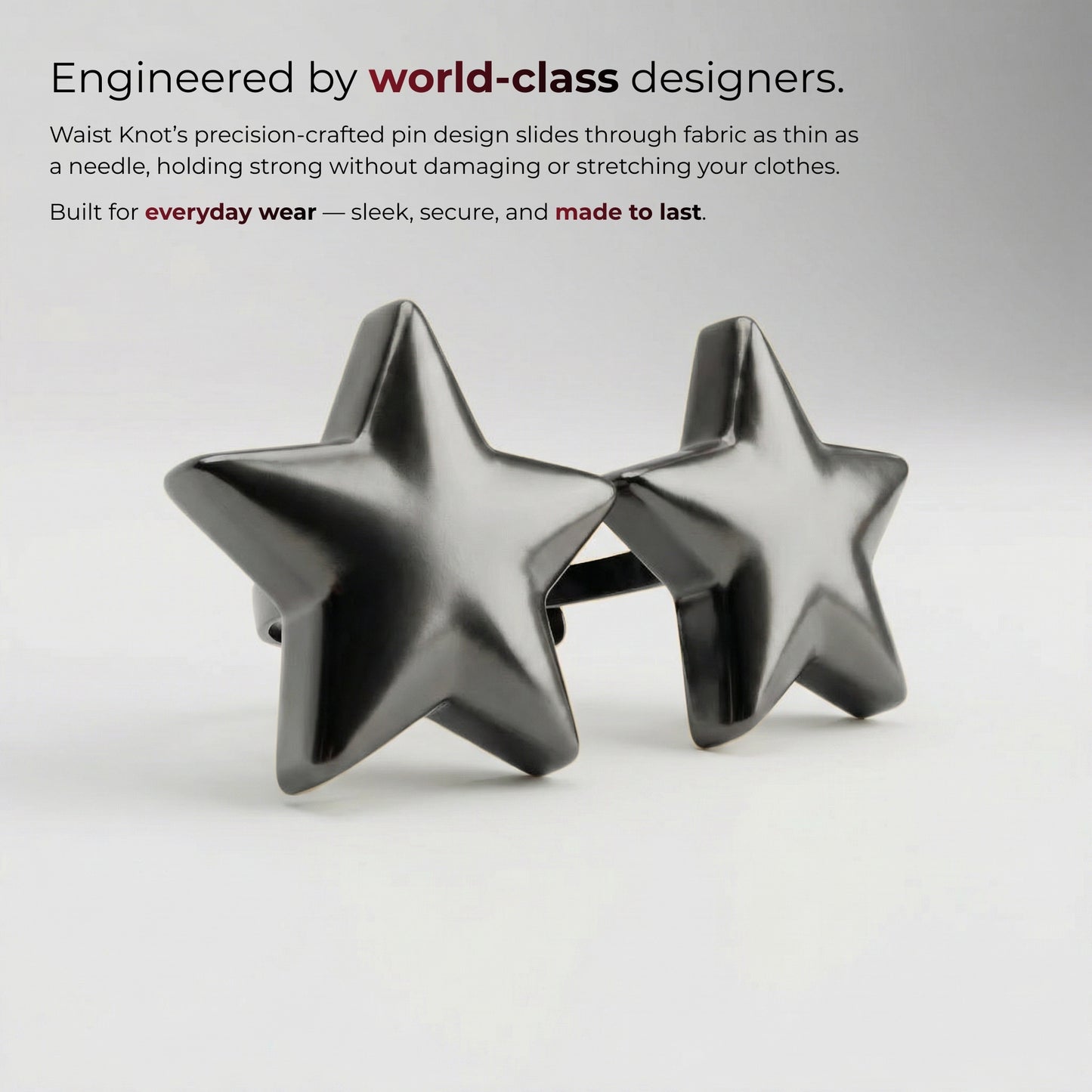 Star-shaped metal pins on a white background with text about their design and features.