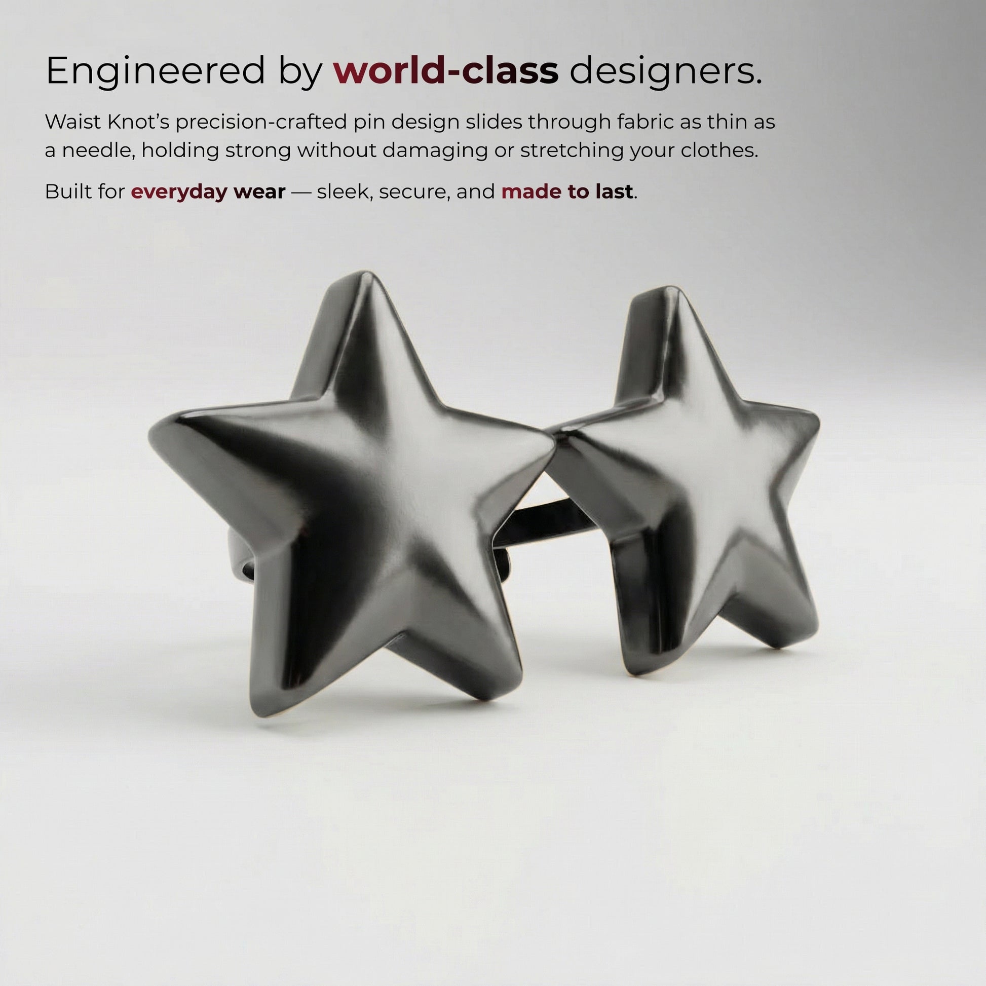 Star-shaped metal pins on a white background with text about their design and features.