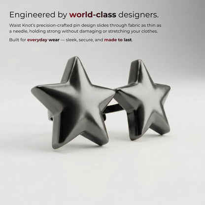Star-shaped metal pins on a white background with text about their design and features.