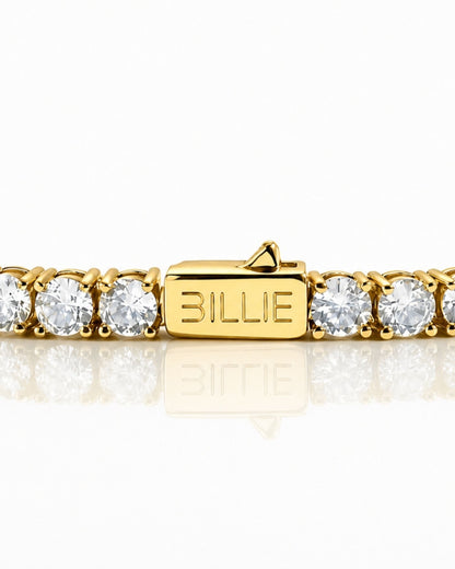 Detail of the 18K gold plated Billie Tennis Bracelet 4mm clasp engraved with Billie, set with cubic zirconia stones