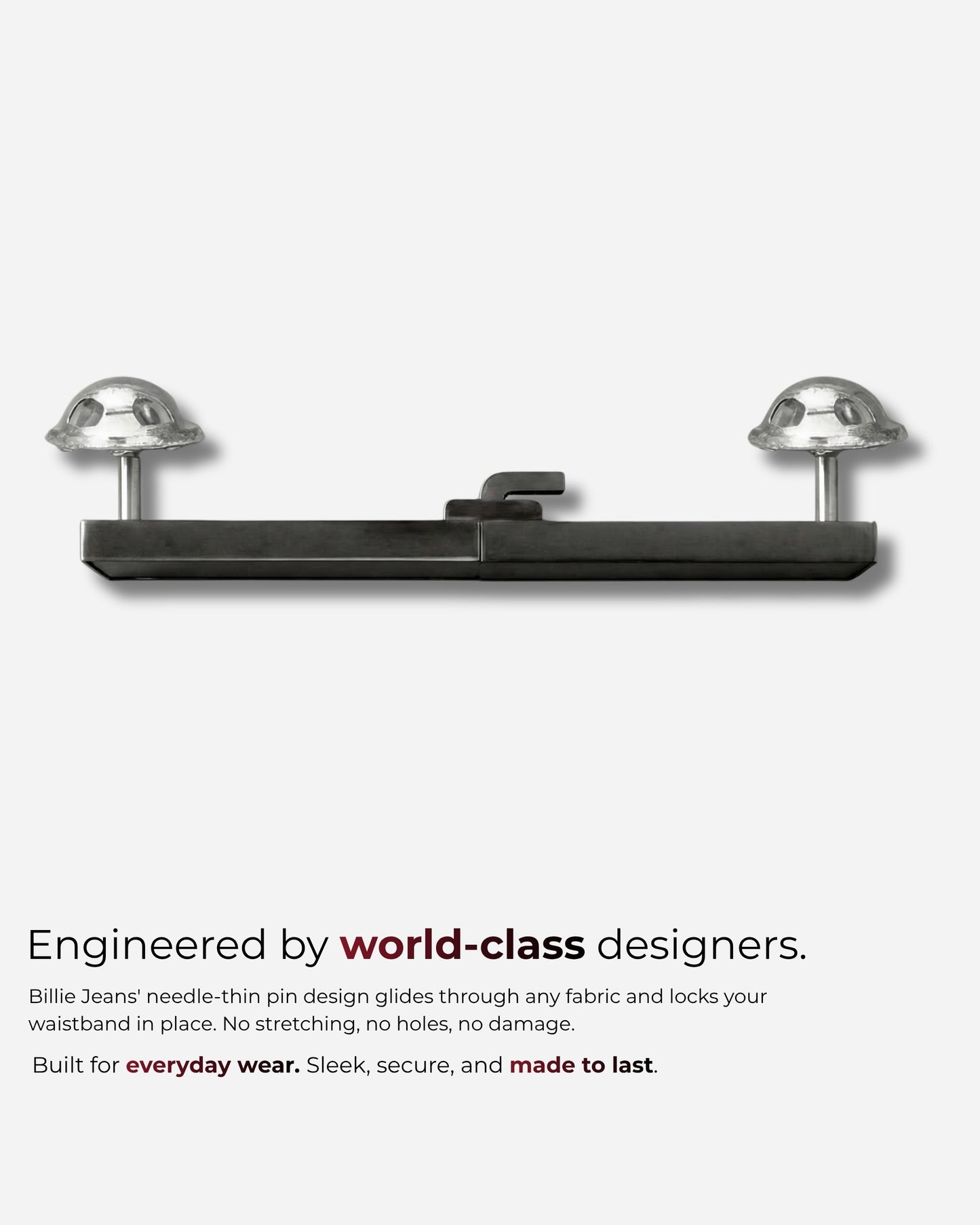 Metal pin with two rounded ends on a plain background.
