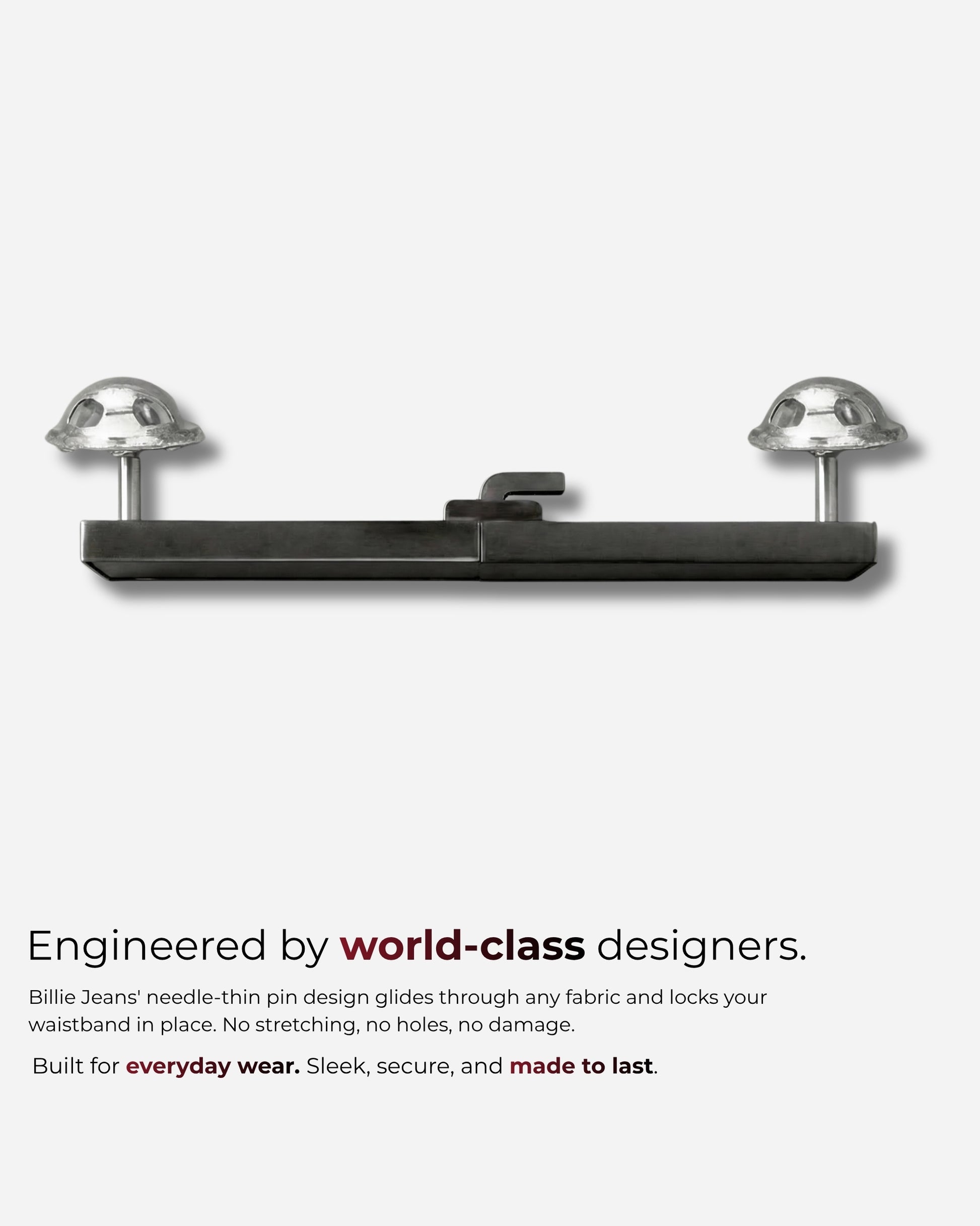Metal pin with two rounded ends on a plain background.