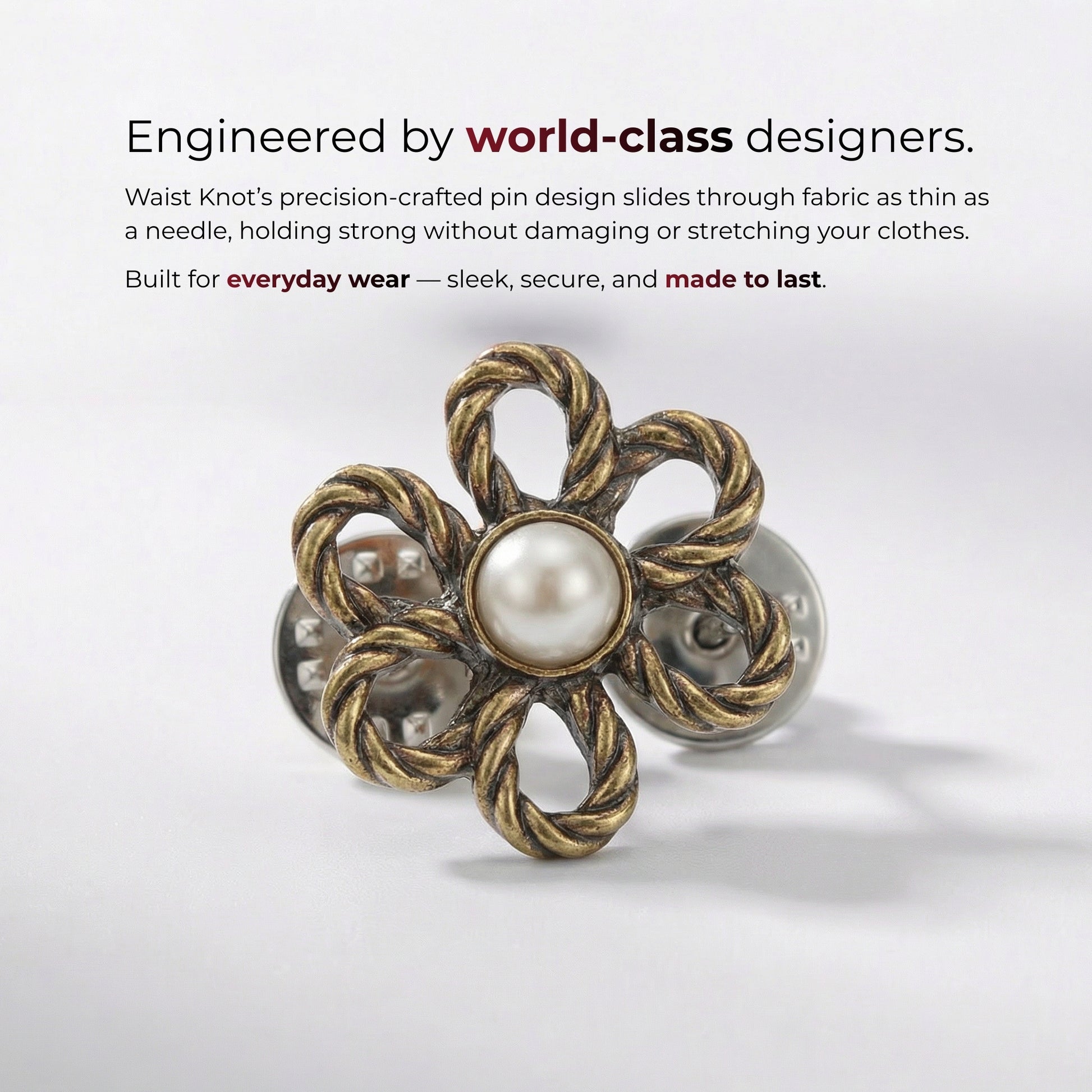 Decorative pin with pearl center on a light gray background, featuring text about world-class design.