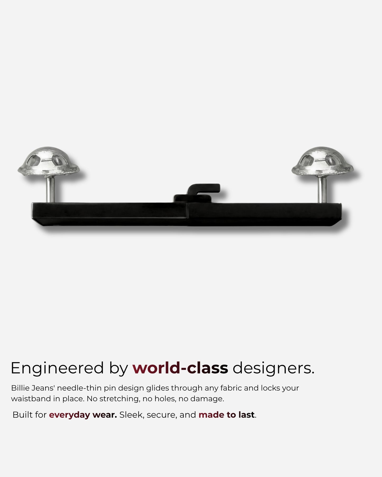 Black fastening device with two clear domes on a plain background.